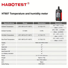 HT607 Temperature & Humidity Meter Handheld Thermometer Moisture Meter Thermo-Hygrometer LCD Psychrometer Max/Min/Data Hold Mode