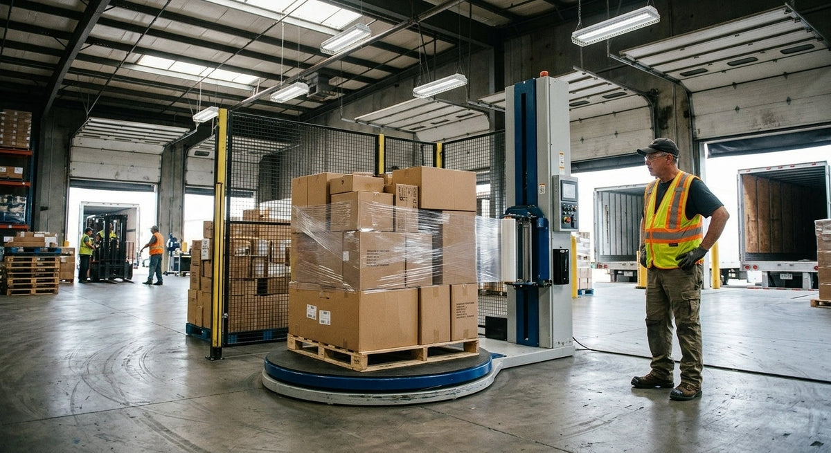 A warehouse worker monitoring a semi-automatic stretch wrap machine securing a pallet load on a busy industrial shipping dock.
