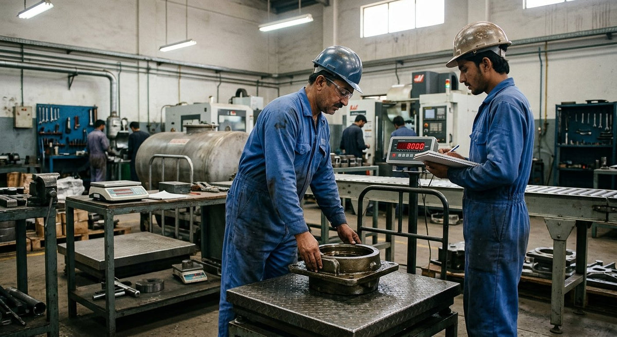 Industrial workers using a digital floor scale to weigh heavy equipment parts.