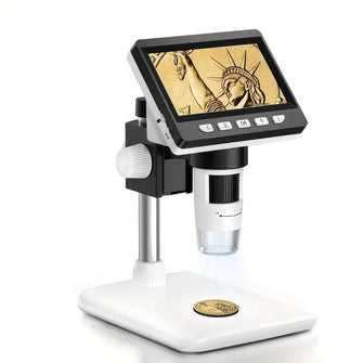 Digital Microscope, LCD Monitor Digital Coin Microscope 1000x, Coin Magnifier With 8 Adjustable LED Lights, PC View Compatible For Windows, DM4, 4.3in (Black And White)