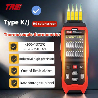 TASI Multi-Channel K Type J Type Thermocouple Temperature Meter with Four Channels, Data Storage and USB Communication for Computer Transfer and Data Upload - Industrial High Precision Contact Probe Thermometer