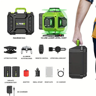 Equipped with rotating base function, digital display of 16 line green light strong laser level, luxurious suitcase, easy to carry, multi scene use