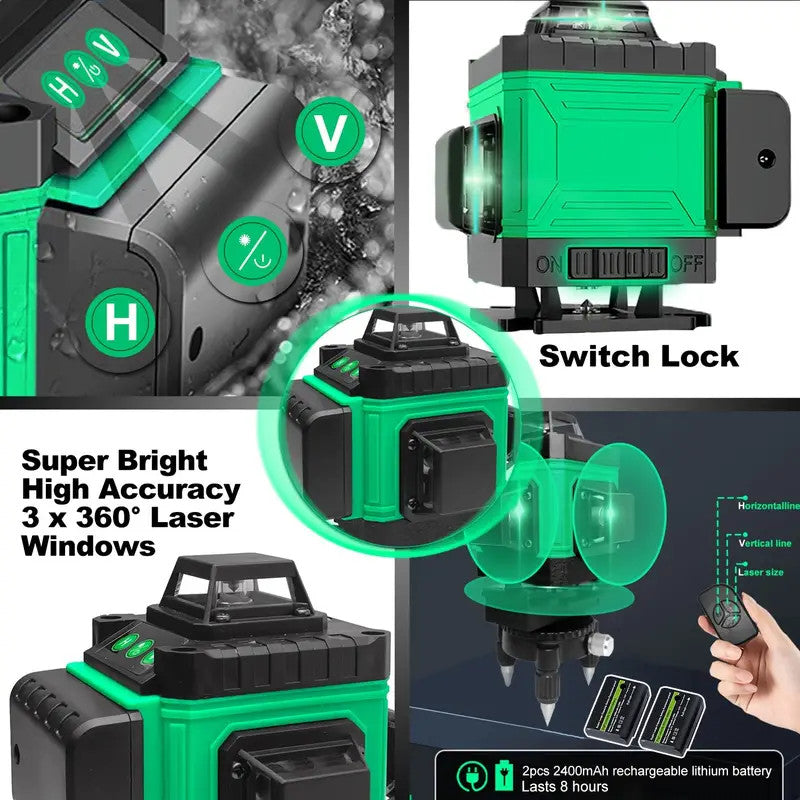 16 Lines 3x360° 4D Self-Leveling Green Laser Level – With 2 Rechargeable Batteries, Remote Control, IP54, ±3° Self-Leveling, 100ft Range For Construction And Leveling