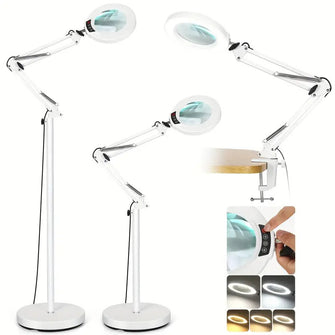 1pc Versatile 10X Magnifying Glass With Light And Stand, LED 5 Color Modes, Stepless Dimmable Magnifying Floor Lamp, Enhanced 3-in-1 Adjustable Swing Arm Lighted Magnifier Lamp With Clamp For Reading, Craft, Esthetic