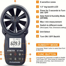 BTMETER BT-866A Pro Handheld HVAC Anemometer For CFM Air Flow, Wind Speed Meter Gauge Measures Wind Velocity Temp%RH Dew Point With USB Sync To PC